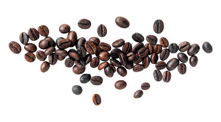 Scattered coffee beans on white background