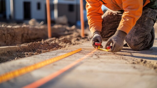 A construction worker using a laser level to mark foundation lines for a residential building, Foundation marking scene, Precision measurement style