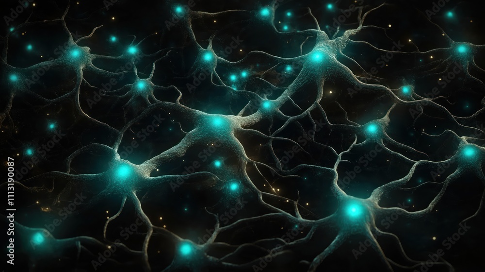 Poster complex network of glowing turquoise neurons. illustrates tech neuro network connections. dark backg