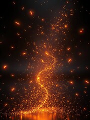 Naklejka premium Dark metallic background with glowing sparks flying upwards in a chaotic dance, energy, dynamic