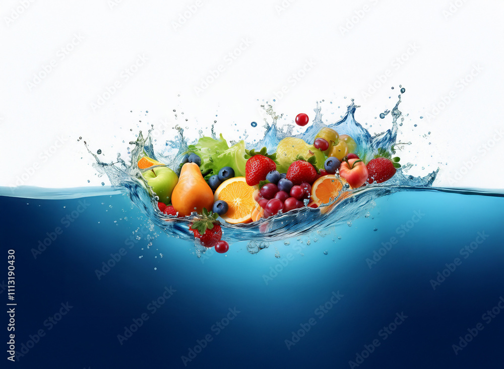 Poster vibrant fruits apples, oranges, berries, and pears splash into a pool of clear water, creating a dyn