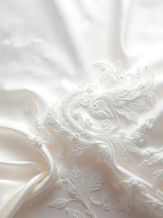 Delicate silk embroidery on a white satin fabric, fine details, white satin, delicate patterns, refined textiles, exquisite craftsmanship