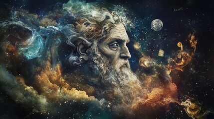A cosmic portrait of an elderly man with a long white beard, surrounded by nebulae and celestial bodies.