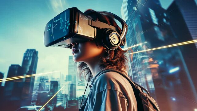 VR gamer and the beautiful sci-fi city, technology, headset, virtual, device, future, futuristic, modern, digital