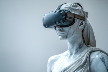 Marble statue wears VR goggles against white background. Modern art meets virtual reality. Ancient...