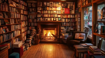A cozy bookstore with shelves filled with books and a reading nook by a fireplace, Bookstore scene, Cozy and inviting style