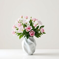Naklejka premium Elegant flower arrangement in a white satin vase, exquisite craftsmanship, floral arrangement