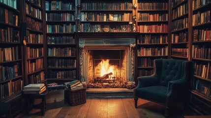 A cozy bookstore with shelves filled with books and a reading nook by a fireplace, Bookstore scene, Cozy and inviting style