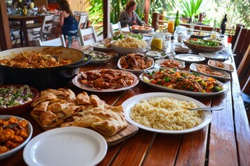 Obraz premium A vibrant spread of various dishes on a wooden table, ideal for a communal meal.