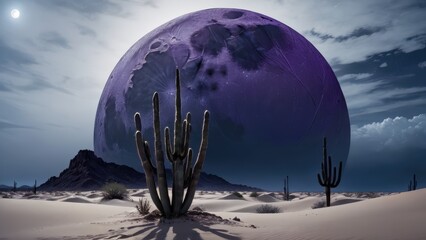 Surreal desert landscape with towering cacti and a massive purple moon dominating the night sky.