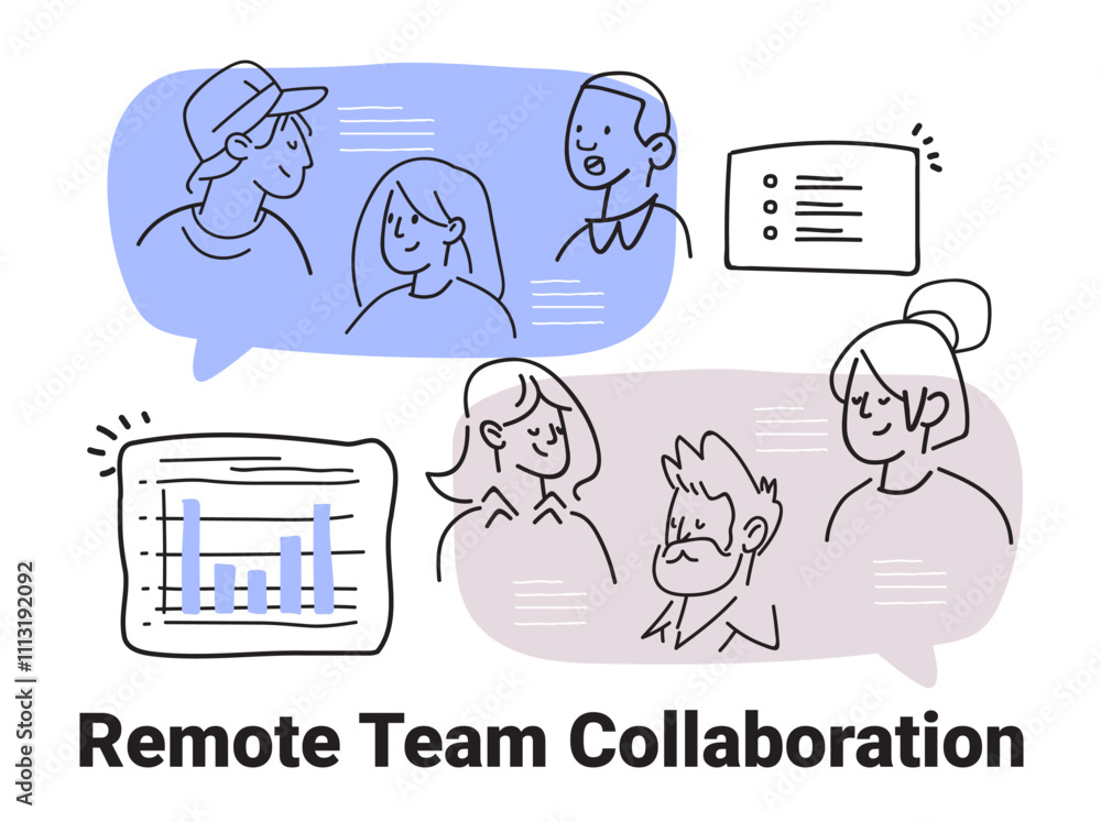 Aufkleber remote team collaboration concept with diverse people communicating in speech bubbles graphs and lis