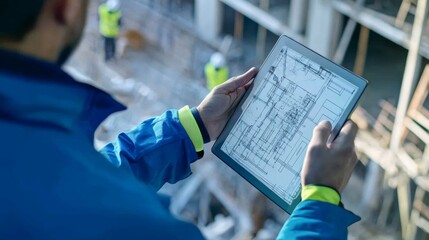 A detailed close-up of a civil engineer examining architectural blueprints on a digital tablet at a construction site, Engineering scene, Technical expertise style