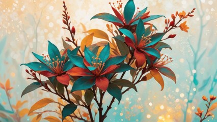 Vibrant floral arrangement with turquoise and orange petals against a glowing bokeh background.