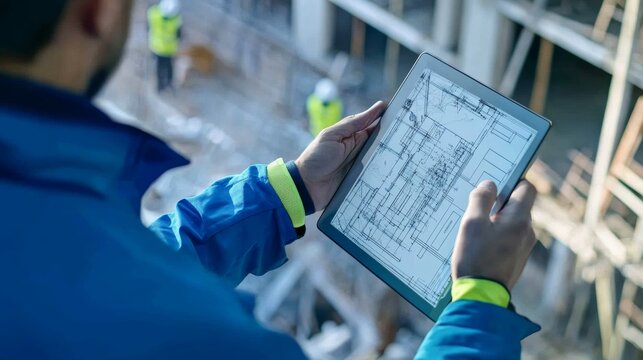 A detailed close-up of a civil engineer examining architectural blueprints on a digital tablet at a construction site, Engineering scene, Technical expertise style