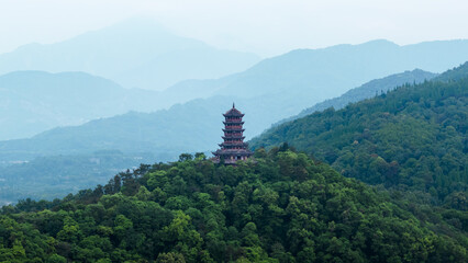The ancient tower is on the mountain