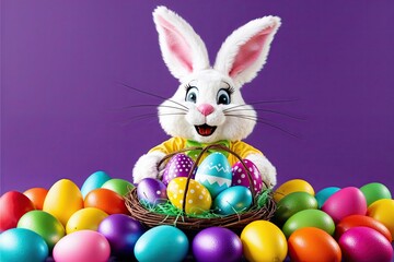 Vibrant Spirited Easter Bunny with a Bounty of Colorful Easter Eggs
