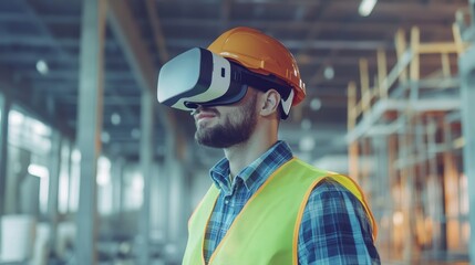 A detailed photograph of a construction worker using virtual reality tools to simulate building construction and safety procedures on-site, VR construction simulation scene