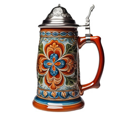 A traditional German beer stein on a transparent background