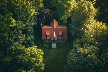 Naklejka premium Aerial view of a cozy house nestled in a lush green forest.
