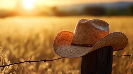 A straw cowboy hat resting on a fence post at sunset in a field.