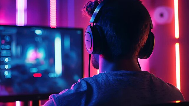 pro gamer man in headphones live streaming while playing online computer game, neon lights, esports,  gaming, monitor, play, young, player, internet, enjoyment, cyber