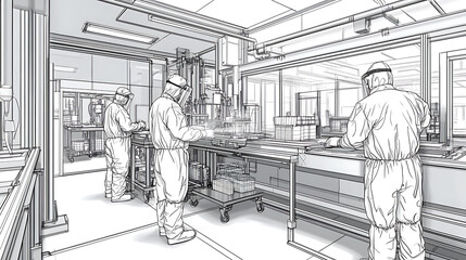Fototapeta premium Cleanroom technicians in protective suits operate machinery on a production line.