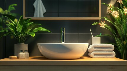 Serene Modern Bathroom Interior Design: Plants, Sink, and Towels