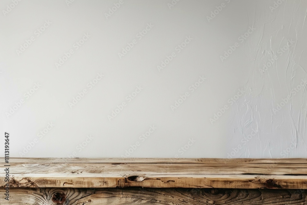 Poster empty wooden tabletop against a light gray wall, perfect for displaying products or creating a minim