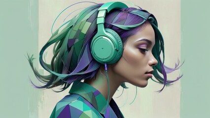 Stylized profile of a woman with geometric hair patterns, vibrant teal headphones, and a pastel green background.
