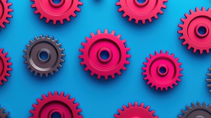 material science alloys. A vibrant arrangement of red and gray gears on a blue background, showcasing mechanical design and creativity.