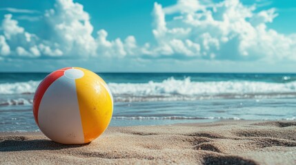 A colorful beach ball resting on sandy shore with ocean waves.