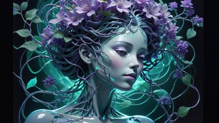 Ethereal woman with floral hair and glowing teal accents in a surreal fantasy setting.
