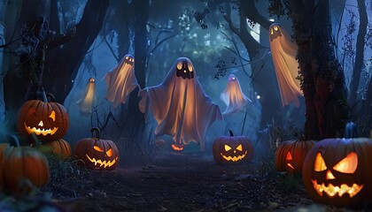 haunted forest with pumpkins and floating ghosts