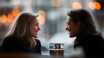 Coworkers engage in friendly conversation over drinks at a cozy cafe in the evening