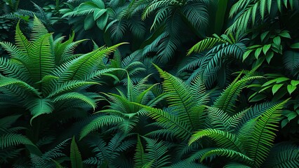 Fototapeta premium Lush greenery with various types of ferns and leafy greens, ferns, leafy greens, foliage, forest herbs