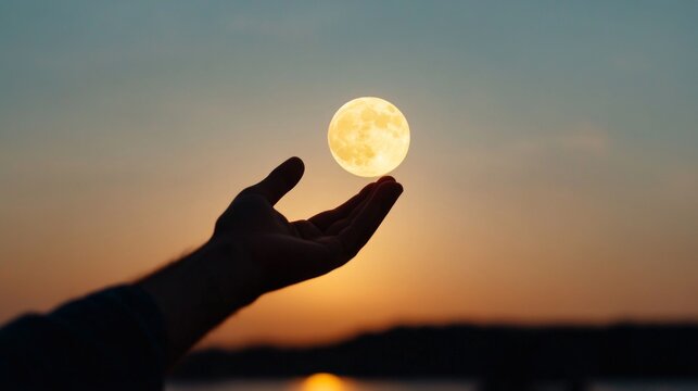 A silhouette of a hand gently holding the moon against a serene sunset sky with soft gradient tones. symbolism of striving for the unattainable 