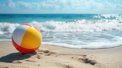 Obraz premium A colorful beach ball resting on the sandy shore near the ocean.