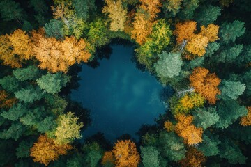 Obraz premium Aerial view of a heart-shaped lake surrounded by autumn trees.