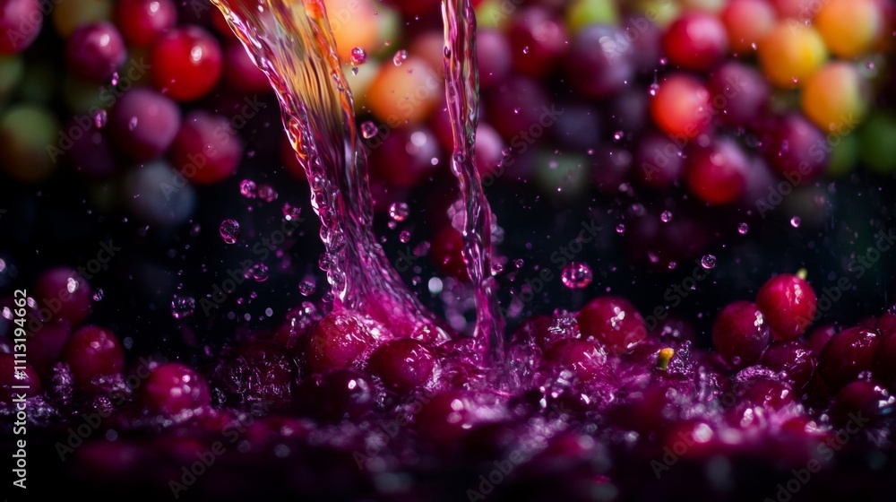 Leinwandbilder a vibrant stream of grape juice cascades over a pile of fresh grapes, creating a lively splash. this