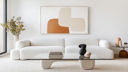 Minimalist Living Room with White Sofa and Glass Coffee Table