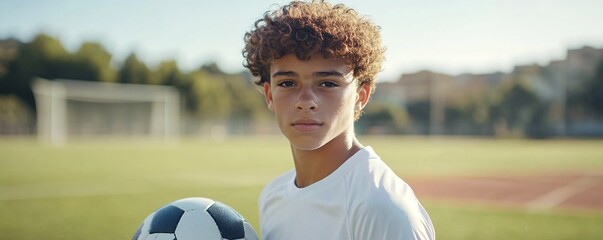 Young soccer player holding ball on field after training session