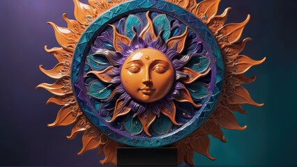 Ornate celestial sun sculpture with vibrant orange, purple, and teal details on a dark background.
