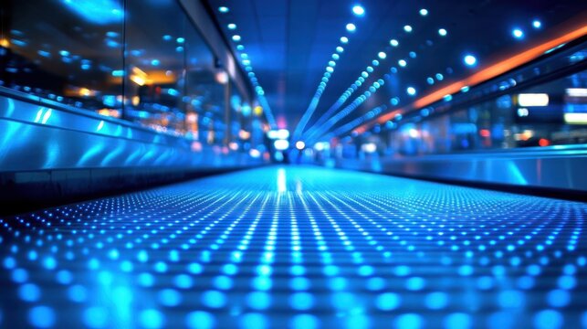 Blue, blurred background of the airport floor with an escalator in focus.