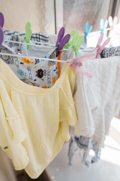 Clothes hang on a line to dry