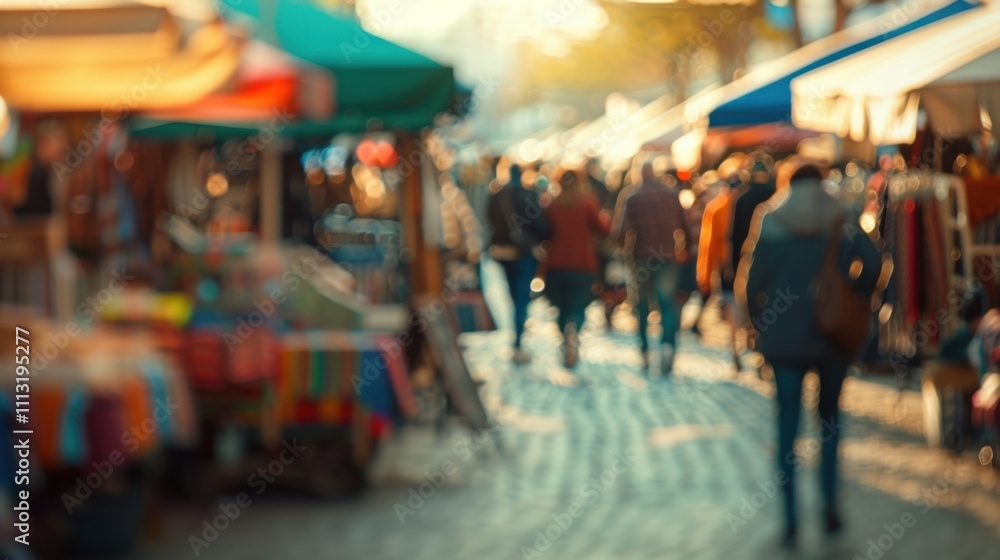 Poster distant view of a buzzing flea market with stalls and shoppers blending together in a soft blur.