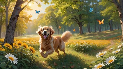 Golden retriever joyfully running through a sunlit meadow with flowers and butterflies.