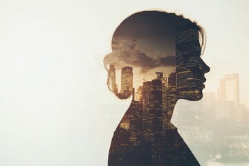 A silhouette of a woman overlaid with a cityscape, symbolizing urban life and identity.