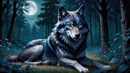 Majestic wolf resting under a glowing full moon in a tranquil forest scene.
