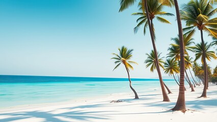 Fototapeta premium Palm tree trunks stand tall against the turquoise ocean waters at high tide, beach scene, palm trees, oceanic elements, ocean, coastal cliffs