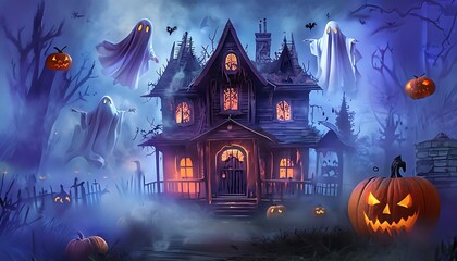 haunted house with floating ghosts and pumpkins